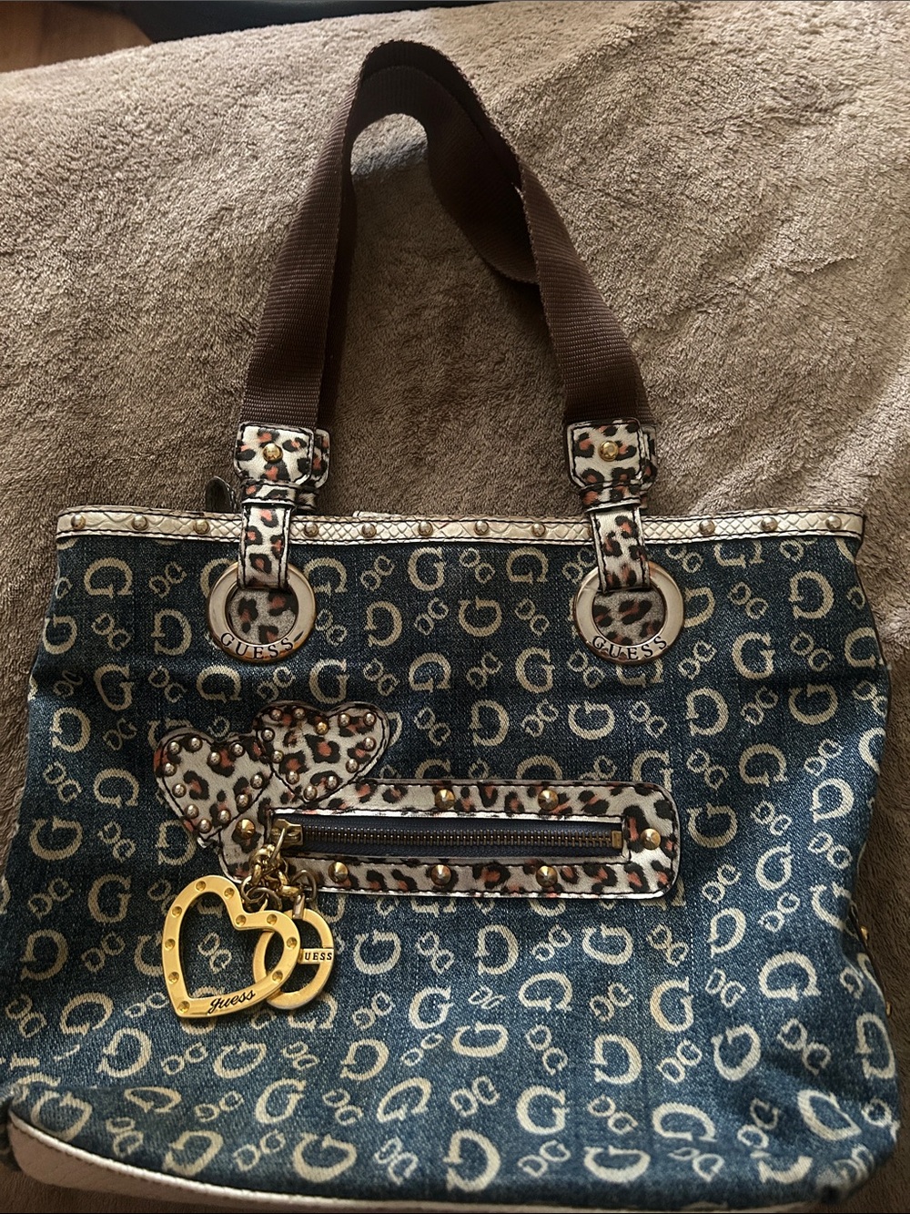 Vintage Guess Denim Logo Tote with Leopard Trim and Gold Heart Charm